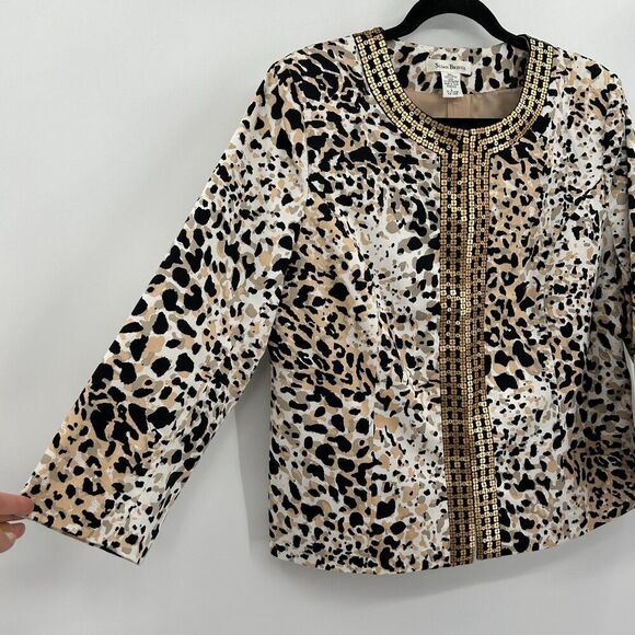SUSAN BRISTOL Brown White Gold Sequin Hook Eye Animal Print Jacket Size Large - Picture 3 of 5